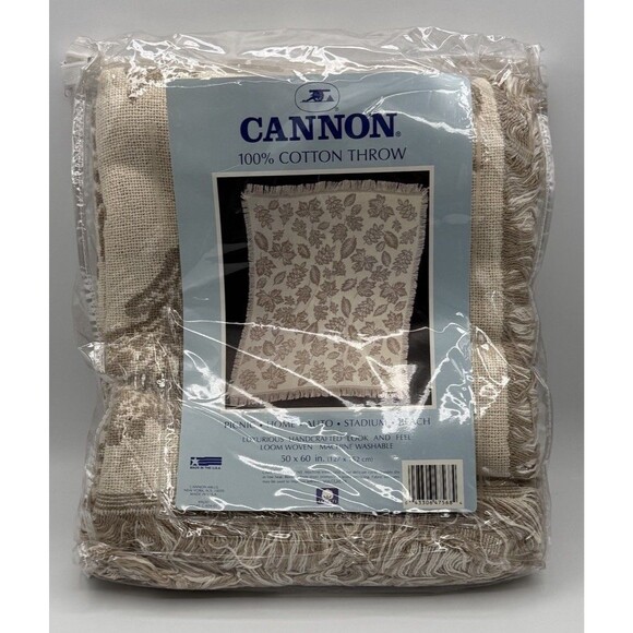 Vtg Cannon Cotton Throw Blanket 50x60in Beige Leaves Nature NOS Woven USA - Picture 4 of 12